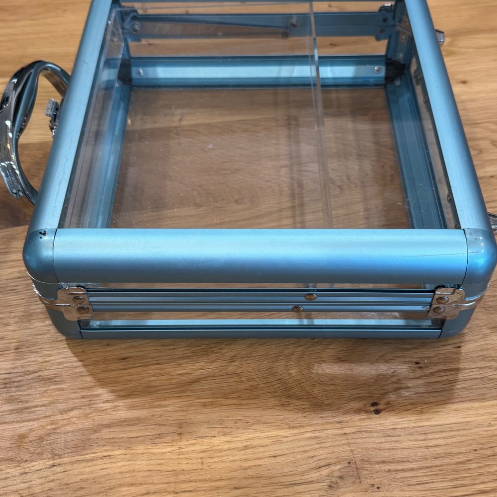 Clear Acrylic Makeup Train Case Blue Aluminum Frame Cantilever Tray Organizer - Picture 5 of 7